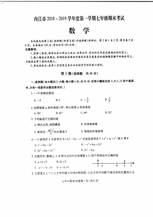 内江市2018-2019学年度第一学期七年级期末考试