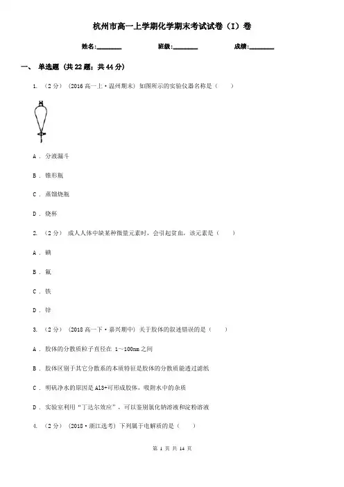 杭州市高一上学期化学期末考试试卷(I)卷(测试)