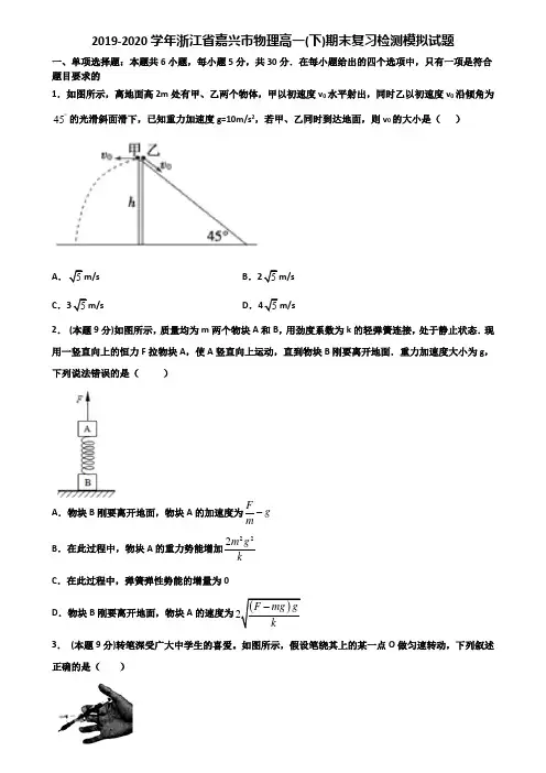 2019-2020学年浙江省嘉兴市物理高一(下)期末复习检测模拟试题含解析