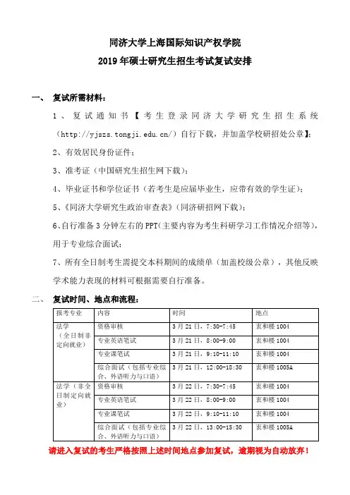 2019年同济大学320上海国际知识产权学院硕士招生考试复试安排