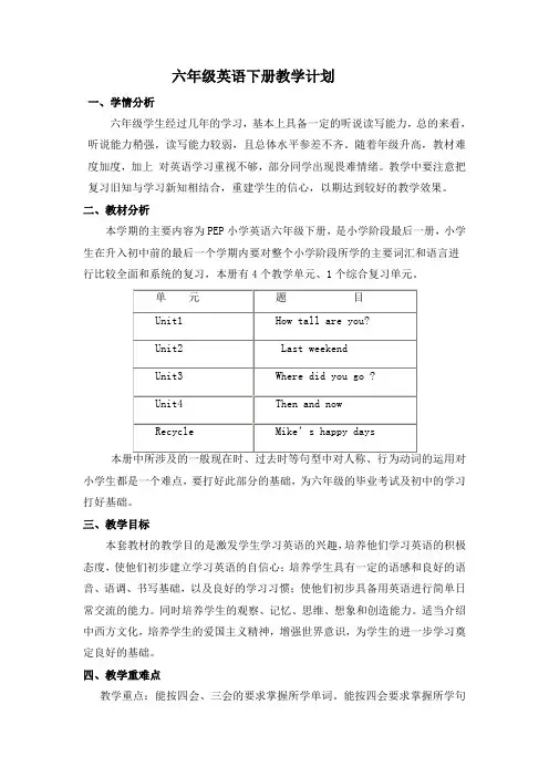 2020-2021学年度人教Pep六年级英语下册教学计划(含进度表)