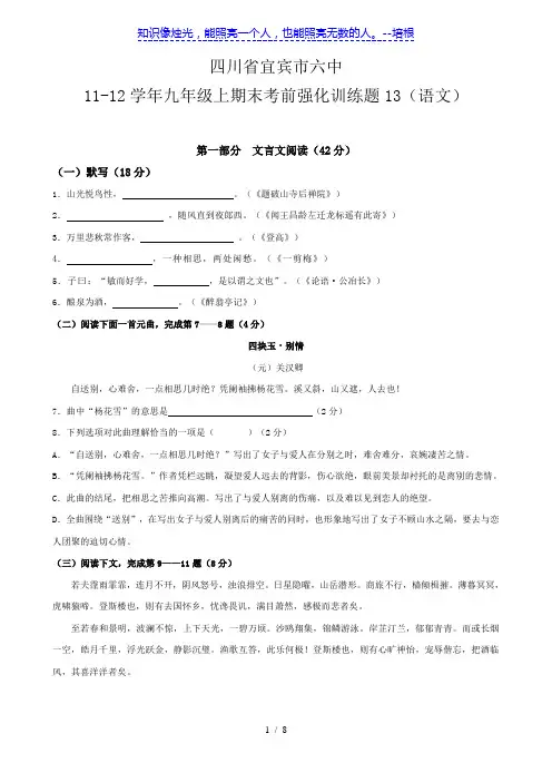 四川省宜宾市六中11-12学年九年级上期末考前强化训练题13(语文)