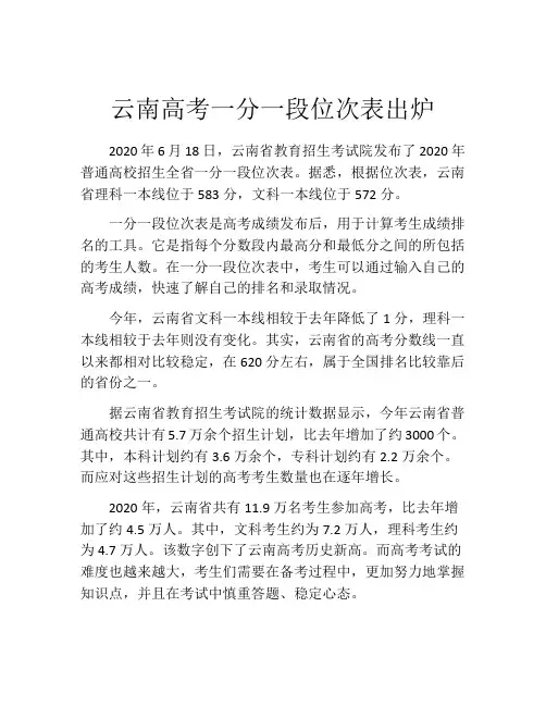 云南高考一分一段位次表出炉
