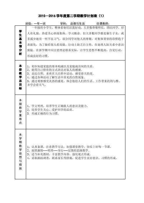 15-16学年(思品 )学科下学期教学计划