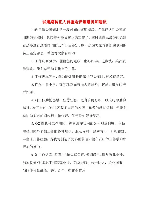 试用期转正人员鉴定评语意见和建议