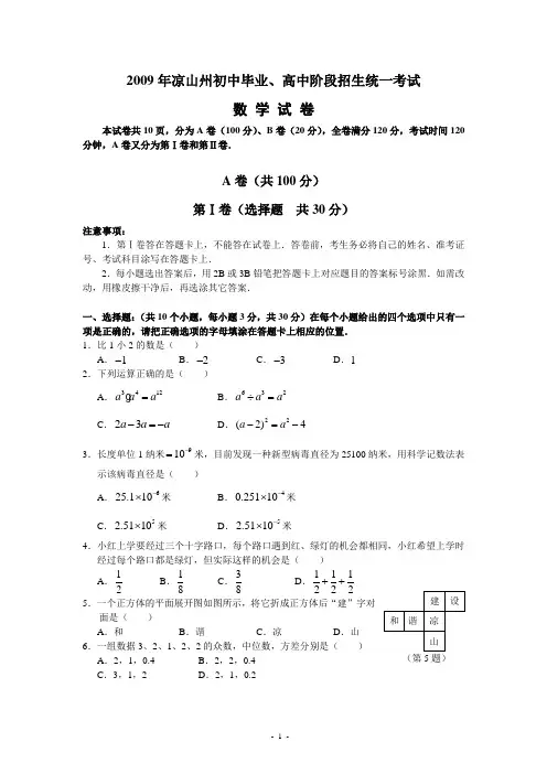 四川凉山州2009年中考数学试卷(含答案)