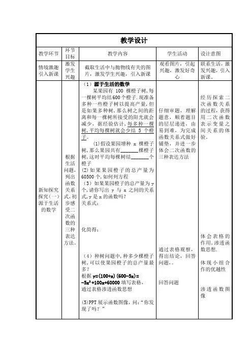 初中数学_二次函数教学设计学情分析教材分析课后反思