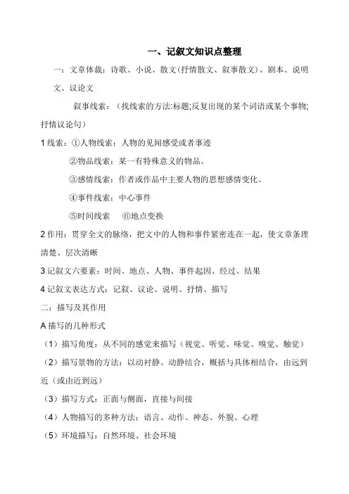 中考阅读记叙文、说明文、议论文、小说知识点整理大全