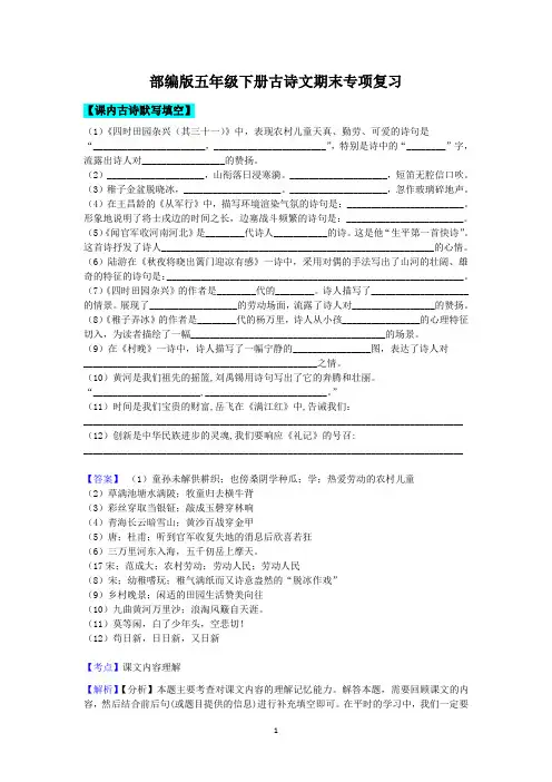 五年级下册语文试题-古诗文期末专项复习  部编版 (含解析)