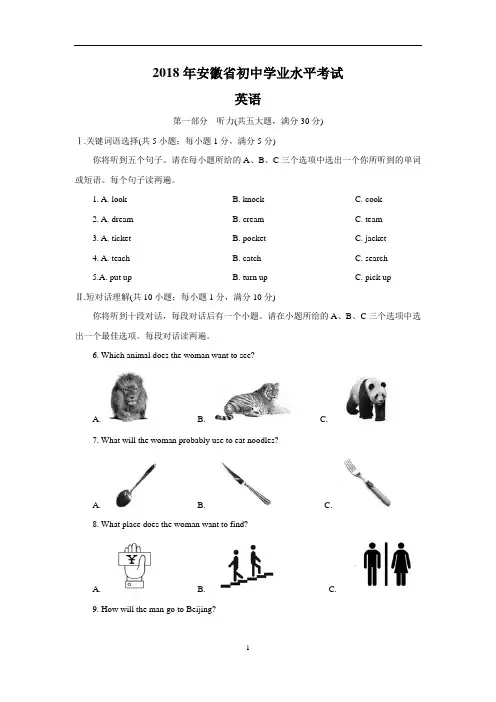 安徽省2018年中考英语试题及答案解析(Word版)