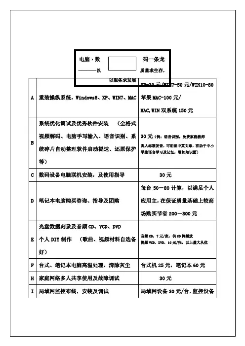 电脑维修价目表