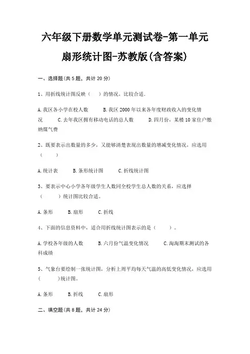 六年级下册数学单元测试卷-第一单元 扇形统计图-苏教版(含答案)