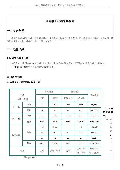 牛津沪教版英语九年级上代词专项复习学案(无答案)