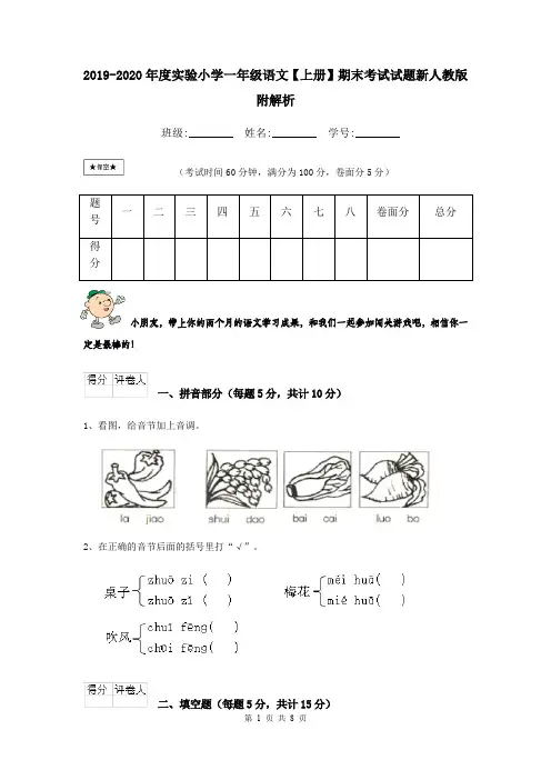 2019-2020年度实验小学一年级语文【上册】期末考试试题新人教版 附解析