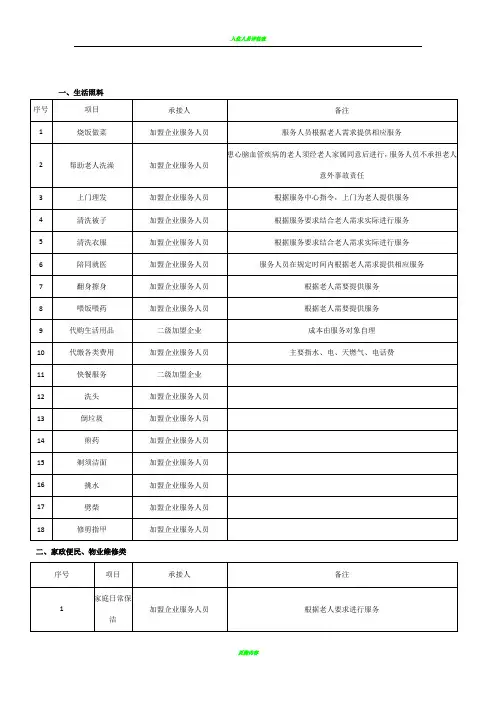 养老院服务项目细化表