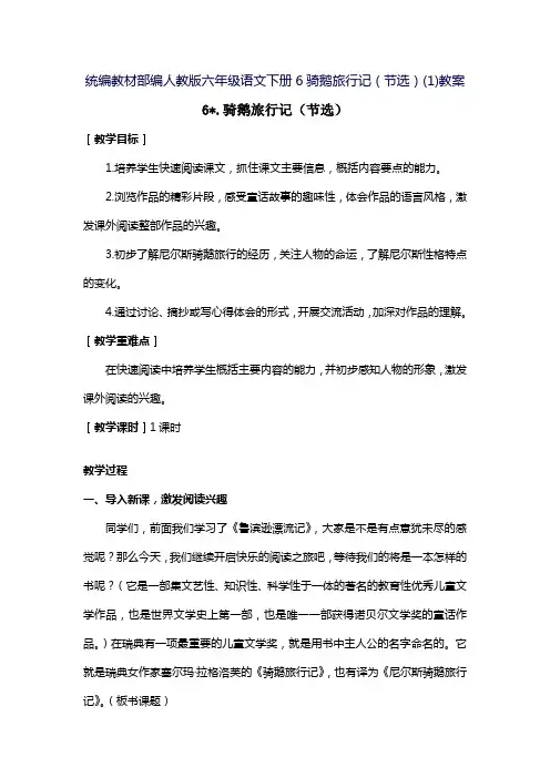 统编教材部编人教版六年级语文下册6骑鹅旅行记(节选)(1)教案