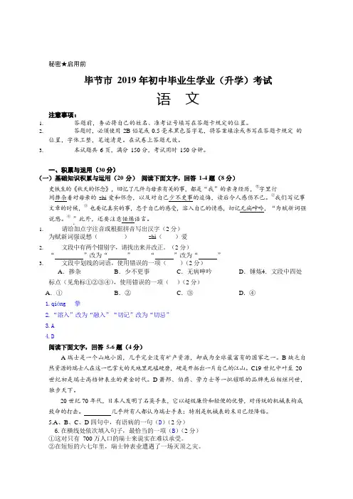 【真卷】2019年贵州省毕节市中考语文试题及答案