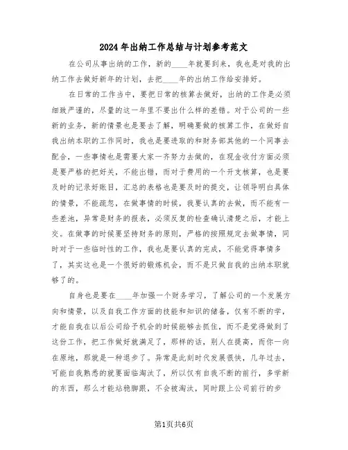 2024年出纳工作总结与计划参考范文(3篇)