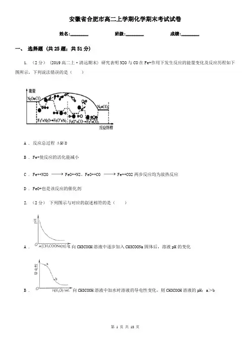 安徽省合肥市高二上学期化学期末考试试卷