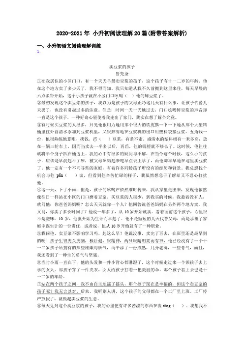 小升初2020-2021年 小升初阅读理解20篇(附带答案解析)