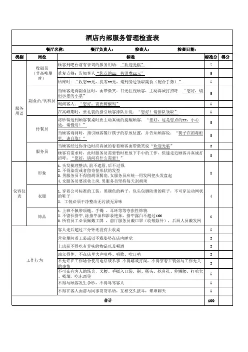 酒店内部服务管理检查表