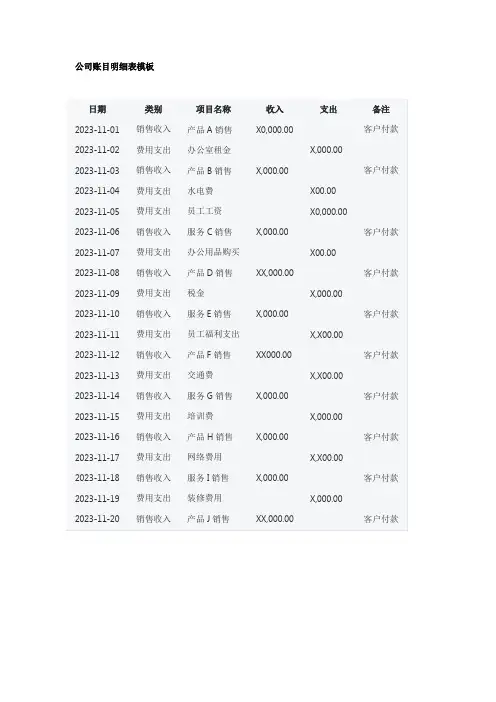 公司账目明细表模板