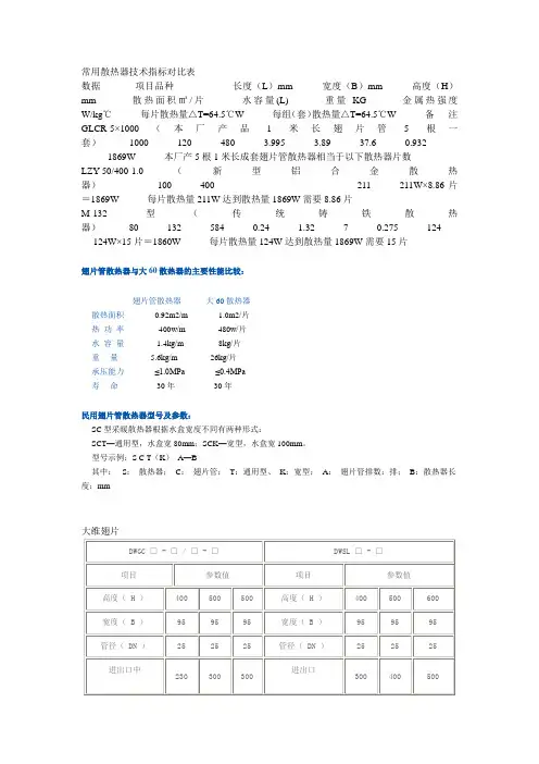 常用散热器技术指标对比表