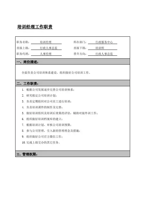 培训经理岗位职责
