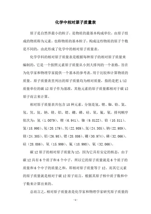 化学中相对原子质量表