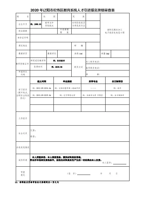 2020年辽阳市宏伟区教育系统人才引进报名资格审查表【模板】
