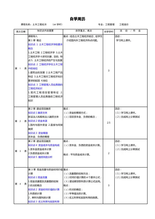《土木工程经济》教学日历