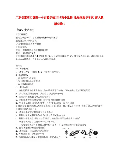 广东省惠州市惠阳一中实验学校高中生物 走进细胞导学案 新人教版必修1