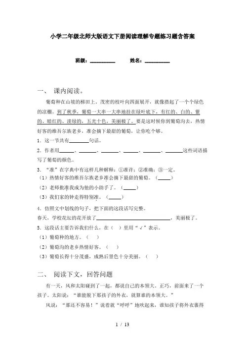 小学二年级北师大版语文下册阅读理解专题练习题含答案