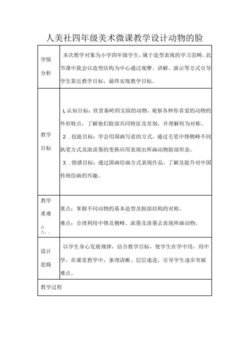 人美社四年级美术微课教学设计动物的脸