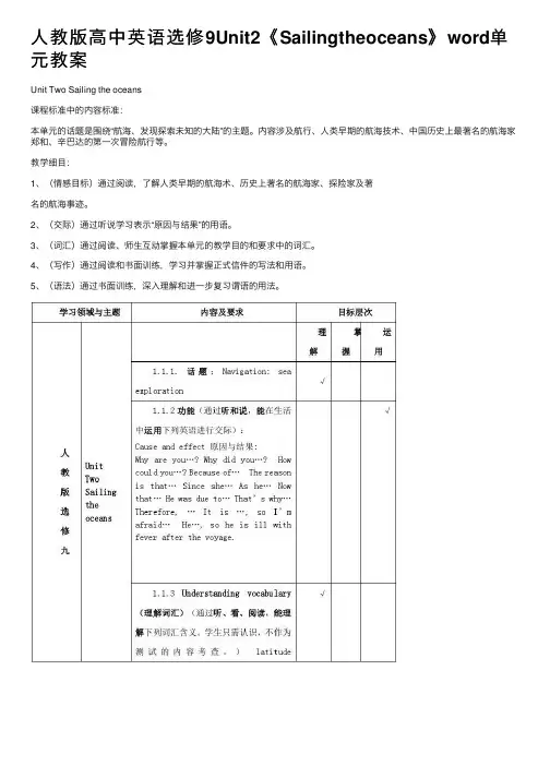 人教版高中英语选修9Unit2《Sailingtheoceans》word单元教案