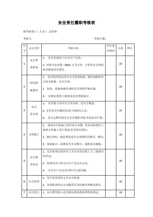 安全履职考核表