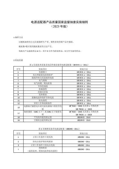 电源适配器产品质量国家监督抽查实施细则2023年版