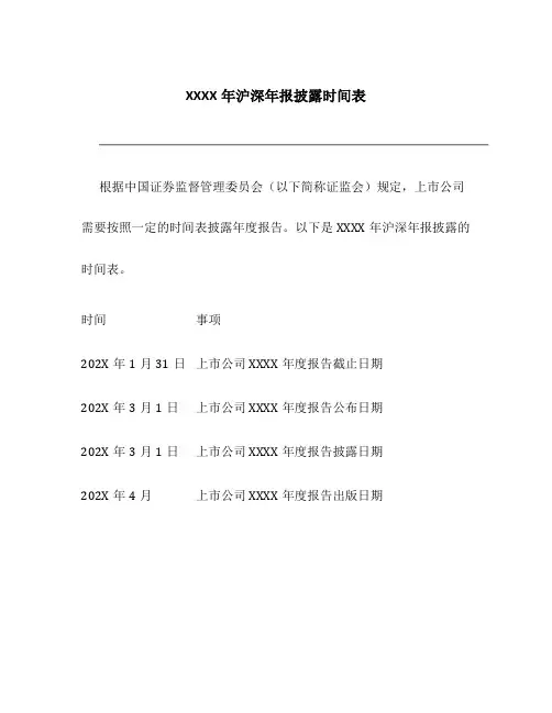 XXXX年沪深年报披露时间表
