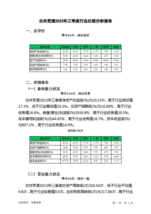 000596古井贡酒2023年三季度行业比较分析报告