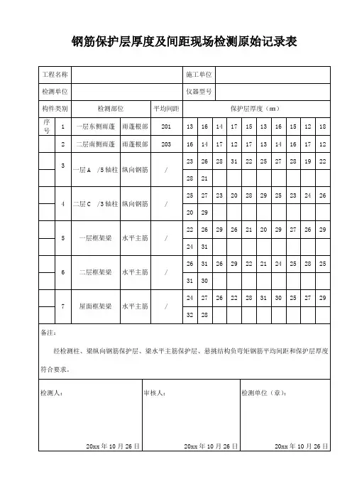 钢筋保护层厚度及间距现场检测原始记录表