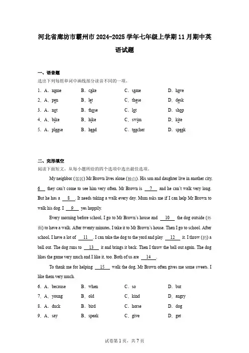 河北省廊坊市霸州市2024-2025学年七年级上学期11月期中英语试题
