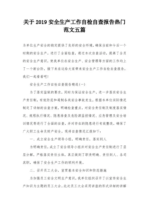 关于2019安全生产工作自检自查报告热门范文五篇