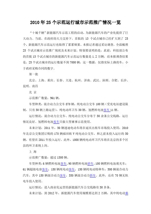 2010年25个示范运行城市示范推广情况一览