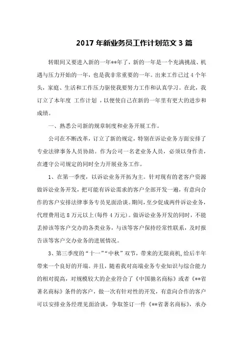 2017年新业务员工作计划范文3篇