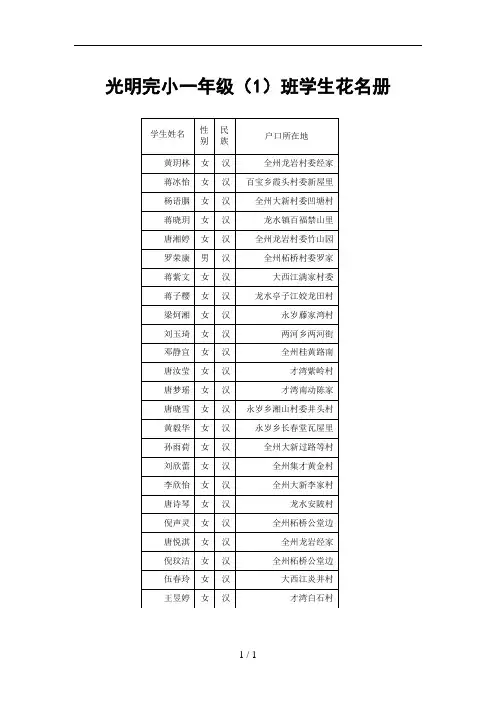 光明完小一年级(1)班学生花名册
