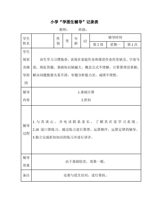 小学六年级数学学困生辅导记载表
