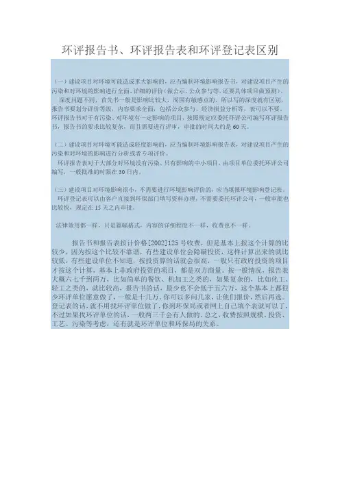 环评报告书、环评报告表和环评登记表区别