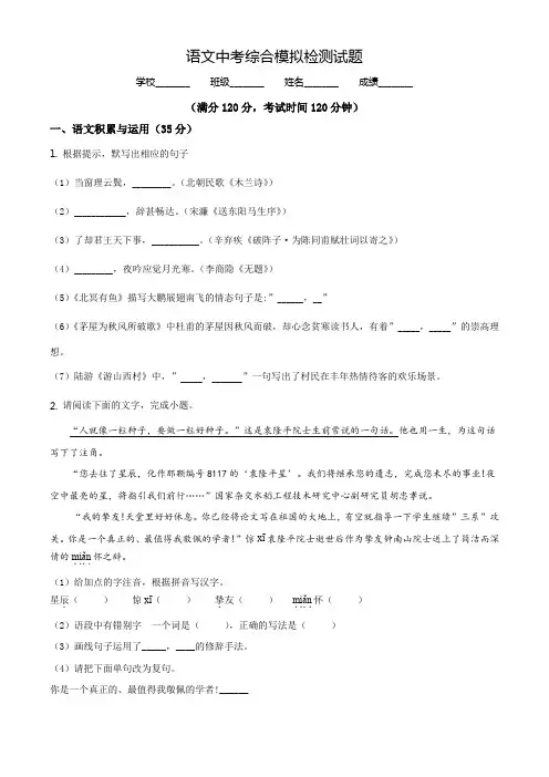 中考语文仿真模拟考试(带答案)