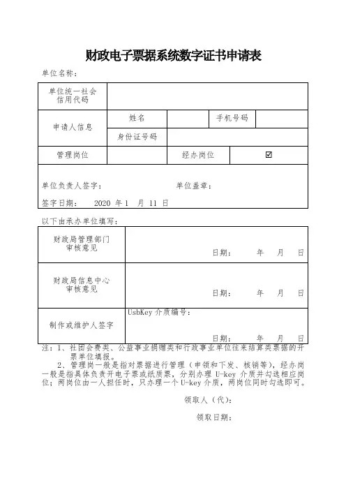 财政电子票据系统数字证书申请表