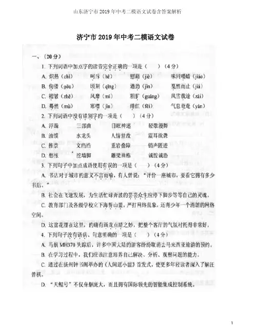 山东济宁市2019年中考二模语文试卷含答案解析